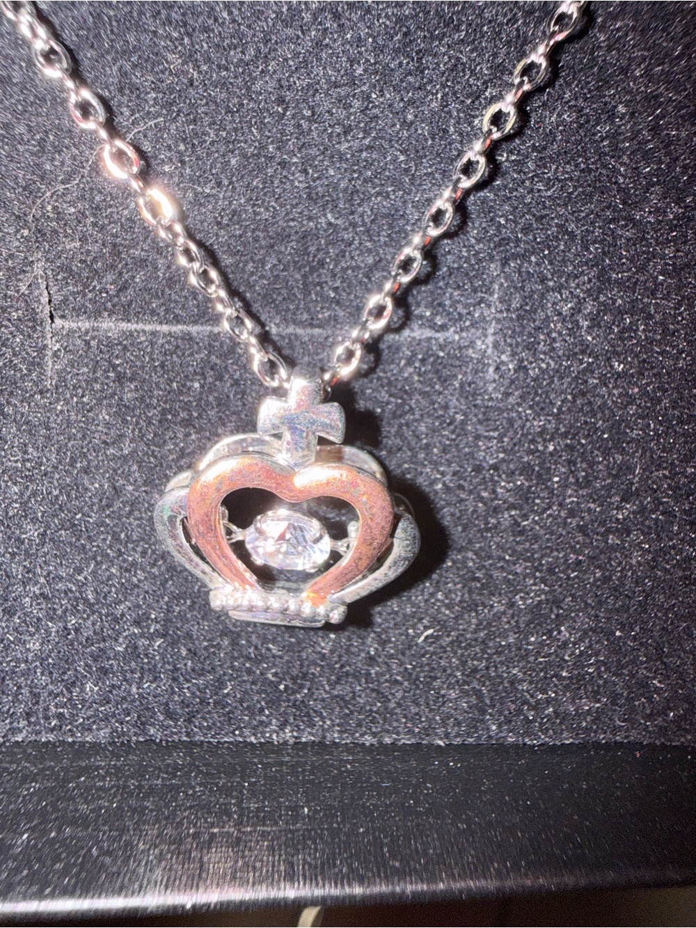 Silver Heart Crown Pendant Necklace - Sparkling Clear CZ Rotating Stone